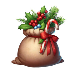 Realistic Ribbon Tied Christmas Sack Fill With Gifts and Cranberries