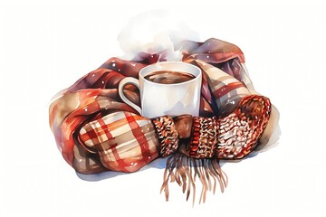 Steaming mug of coffee wrapped in a plaid scarf and knitted mittens, evoking warmth, coziness, and a relaxing autumn or winter atmosphere