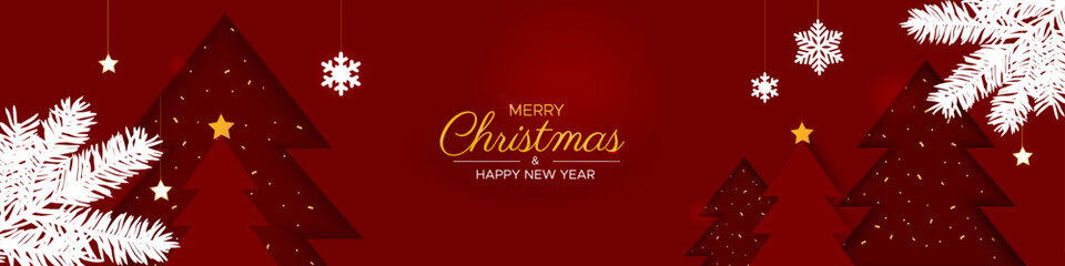 Merry Christmas and Happy New Year web banner.	Red christmas tree in paper cut style with snowflake on a red background. 