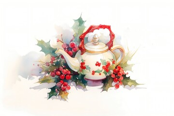 Elegant teapot with a red handle adorned with holly leaves and berries, symbolizing Christmas spirit and festive warmth in a cozy and artistic style