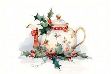 Festive teapot decorated with holly leaves and red berries, tied with a ribbon, evoking a Christmas holiday theme with elegant and cozy charm