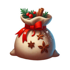 Realistic Red Ribbon Tied Christmas Sack Fill With Gifts and Cranberries