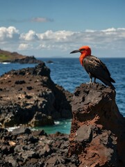 Volcanic island rocks with a frigate bird in Galapagos.