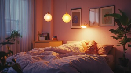Cozy Bedroom Interior Design with Soft Lighting and Plants