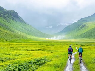 Obraz premium Tourists cycling through a remote Icelandic valley