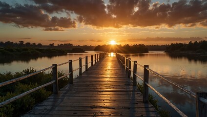 Fototapeta premium Walk bridge with a breathtaking sunrise view.