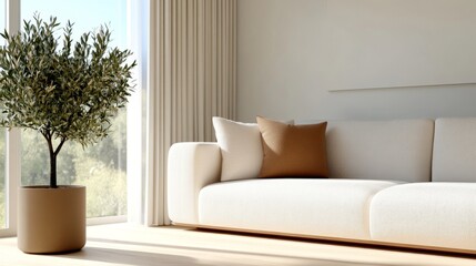 Fototapeta premium Modern Minimalist Living Room Interior with Cozy White Sofa and Indoor Plant in Natural Light