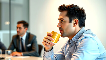Fototapeta premium Man Drinking Coffee At Business Meeting with a white accent, png