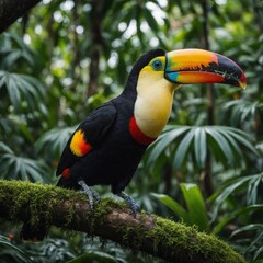 A colorful toucan perched in a jungle clearing.