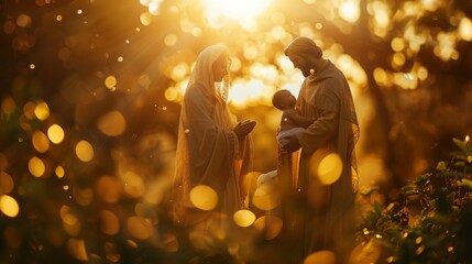 Mary with Joseph and Baby Jesus silhouettes nativity © Creation