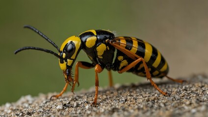 Wasp beetle (Clytus arietis) in profile, displaying mimicry.