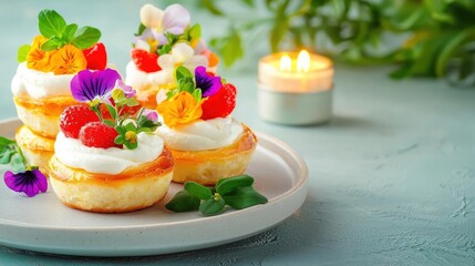 Mini quiche tower arranged with edible flowers and candles, a sophisticated and savory birthday option