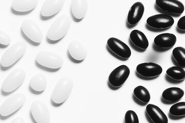 A collection of black and white pills arranged on a white surface, great for medical or pharmaceutical concepts