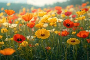 Fototapeta premium A vibrant field filled with bright yellow and red flowers