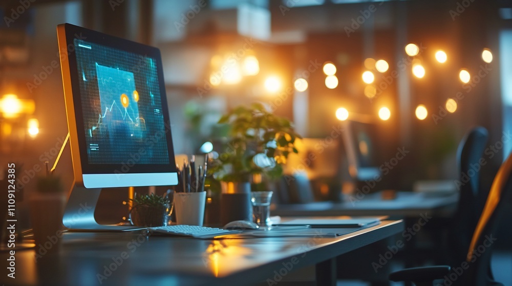 Poster Modern office workspace at night with computer displaying data graph.