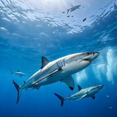 huge white sharks in blue ocean swim underwater
