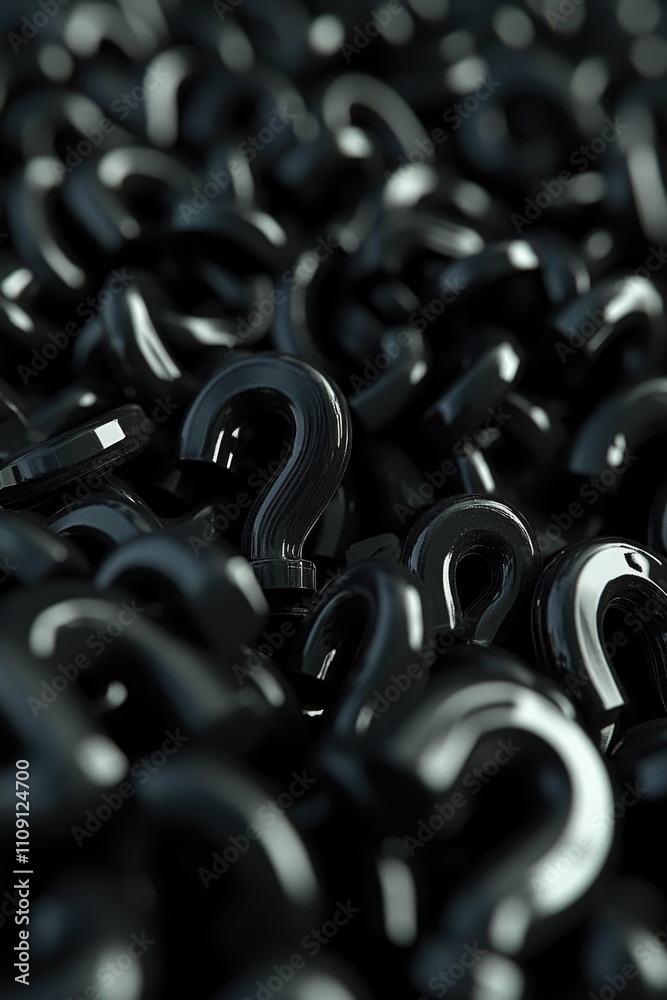 Poster A close-up shot of multiple black question marks on a dark background, suitable for use in educational or conceptual contexts