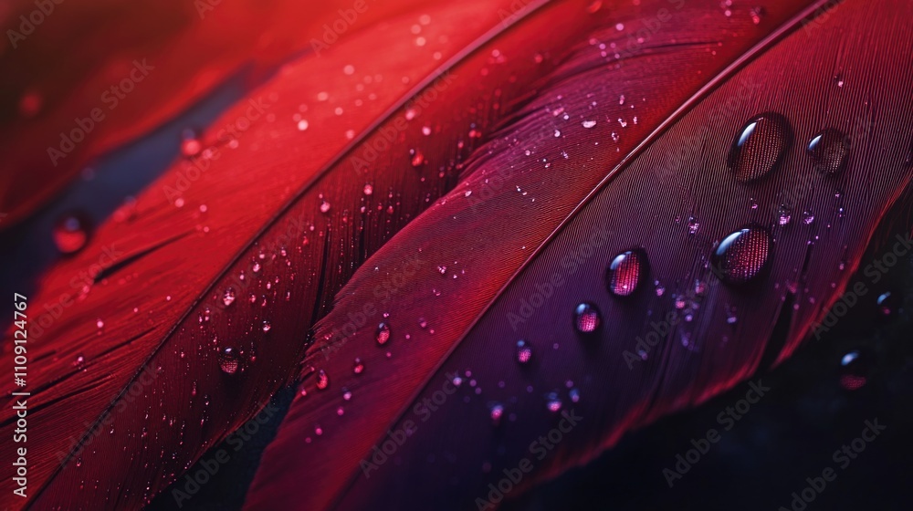 Poster Close-up shot of a red feather with water droplets on it, suitable for use in editorial or commercial contexts
