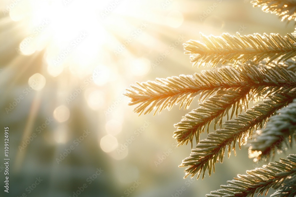 Poster a close-up shot of a pine tree's needles and trunk, with the sun shining in the background