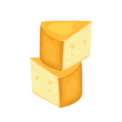 Dairy product concept. Round cheddar or parmesan cheese icon or sticker with two cut pieces of cheese. Cartoon flat vector illustration isolated on white background.