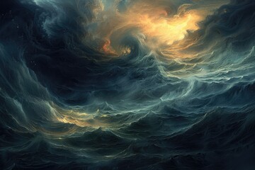 Abstract depiction of swirling dark blue and gold clouds with glowing light
