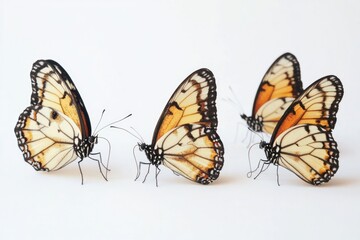 Naklejka premium A group of three butterflies sit on a white surface, waiting to fly away