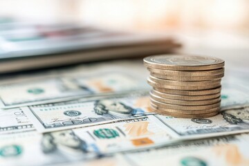 Stacked Coins on American Dollar Banknotes in a Soft Focused Environment