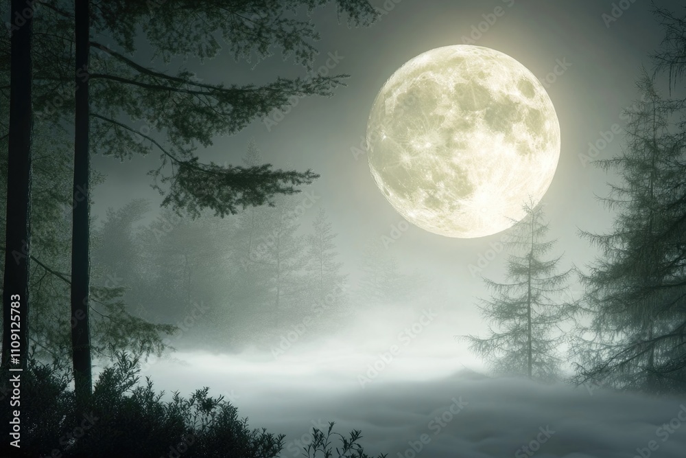 Poster foggy forest with a full moon shining through the mist