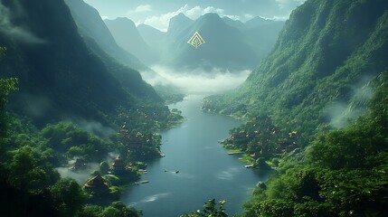 Serene river valley landscape with lush greenery, misty mountains, and small villages nestled along the water.
