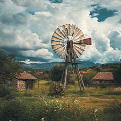 conceptual image windmill fan generate electricity in a small village generated by AI