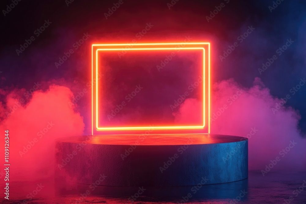 Poster A red neon frame lit up in a dimly lit room, perfect for setting the mood or creating an eerie atmosphere