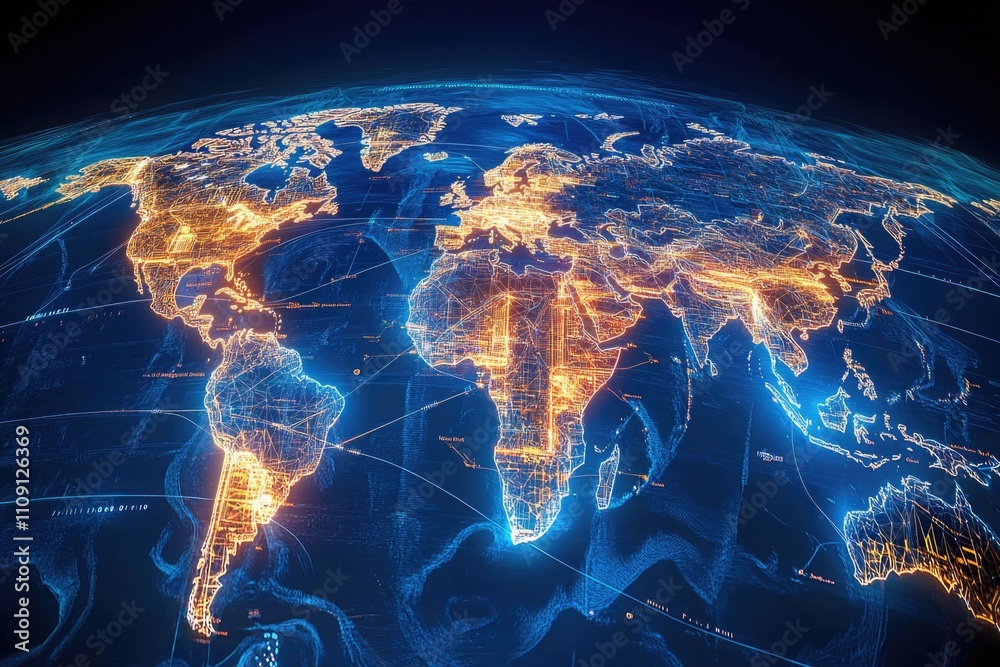 Poster A map of the world with glowing lines, great for use in presentations or as a decorative element