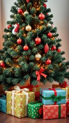 Decorated Christmas tree with colorfully wrapped gifts underneath, wrapped