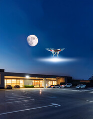 Drone Flying at Night Over Parking Lot with Full Moon, Providing Surveillance and Advanced Monitoring Technology