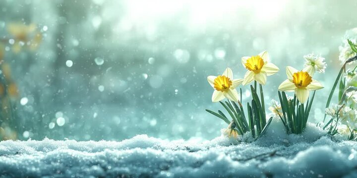 Blooming daffodils in melting snow during gentle spring transition
