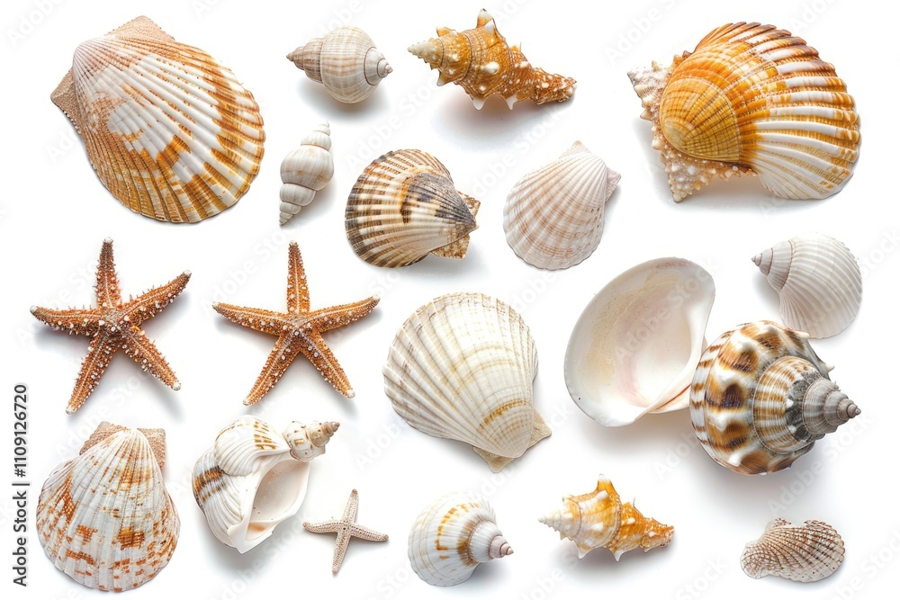 Poster a collection of seashells and starfish arranged on a white surface