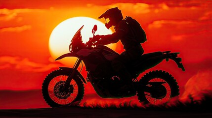Fototapeta premium Rider on Touring Motorcycle Silhouette Against Vibrant Sunset Background