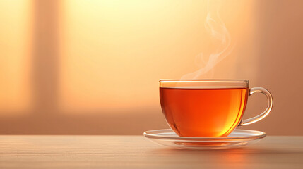 close up of transparent glass cup filled with steaming tea, showcasing its rich amber color against warm, soft background. steam rising adds cozy atmosphere