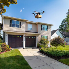 Innovative Drone Delivering Packages to a Two-Story Suburban Home, Highlighting Modern Delivery Solutions