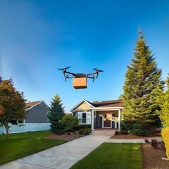Smart Drone in Action Delivering Goods to a Cozy Residential Home, Revolutionizing Urban Logistics