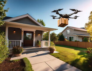 Advanced Drone Delivering a Package to a Modern Suburban Family Home, Symbolizing Futuristic Logistics and Contactless Delivery.