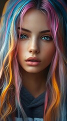 Fototapeta premium Young person with vibrant multicolored hair and striking blue eyes gazing intently