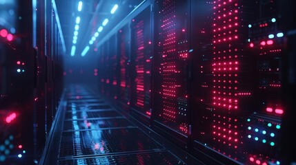 A futuristic data center corridor illuminated by vibrant blue and red lights, showcasing high-tech server racks and a sleek reflective floor.