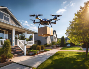 High-Tech Drone Carrying a Package to a Contemporary Suburban Home in a Modern City Setting