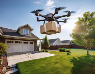Autonomous Drone Delivering a Parcel to a Cozy Suburban Home in a Modern City Neighborhood