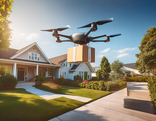 Airborne Delivery Drone Bringing Package to Residential Front Yard