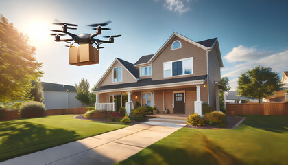 Drone Transporting Package to a Modern Family House, Airborne Delivery System