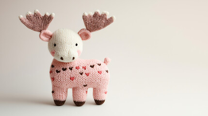 Knitted animal for Valentine. A cute, knitted moose toy with a pink body and heart patterns, featuring prominent antlers and a cheerful expression.