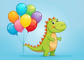 Obraz premium Cute Dinosaur Birthday Balloons Illustration - Happy Birthday Card Design