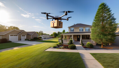Drone Delivering Parcel to a Modern Suburban Home, Efficient Delivery Service